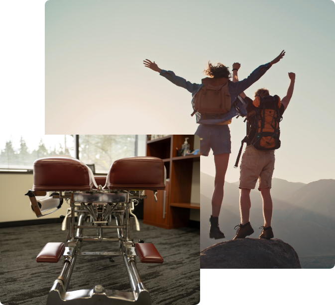 Chiropractic adjustment table in Federal Way, WA and hikers celebrating on a mountain